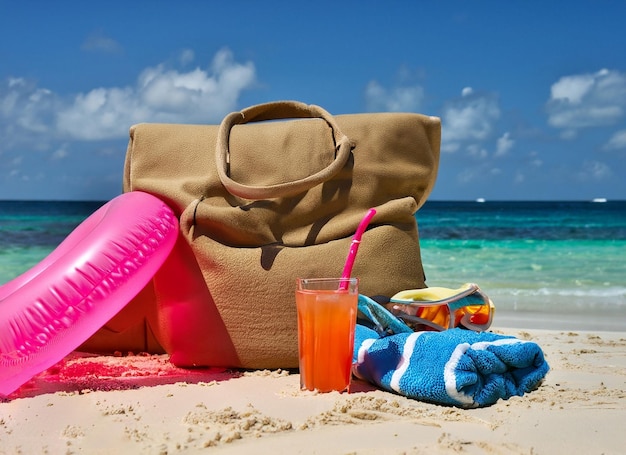 Una bolsa de playa con una pajita y una bebida encima.