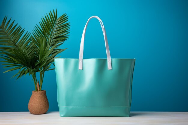 Bolsa De Playa Verde Sobre Un Fondo Azul Aislado AI Generativa