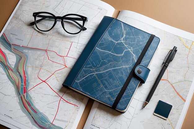 Foto bolsa de portátil de gafas y mapas creados utilizando tecnología de ia generativa