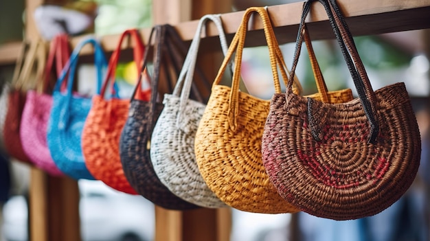 Bolsa de ratán hecha a mano colgada en un estante de madera en una tienda