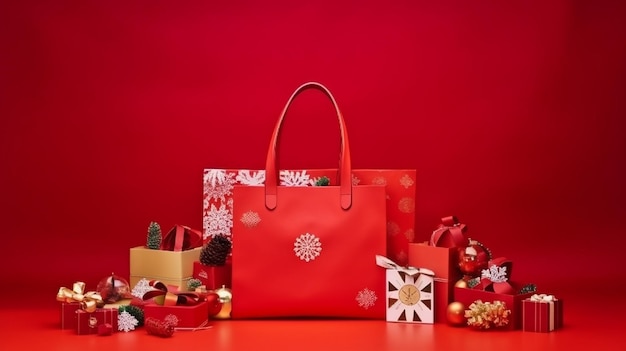 Una bolsa roja con una bolsa roja y adornos navideños.