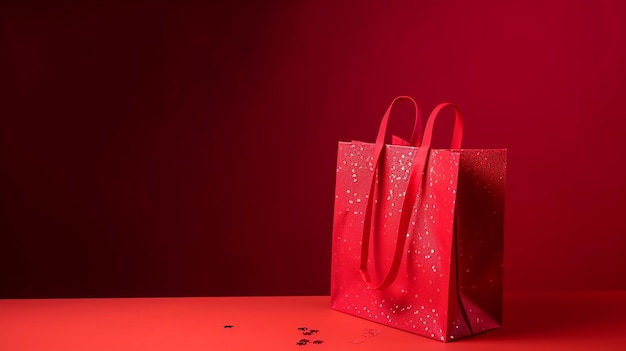 Una bolsa roja con brillantina está frente a un fondo rojo.