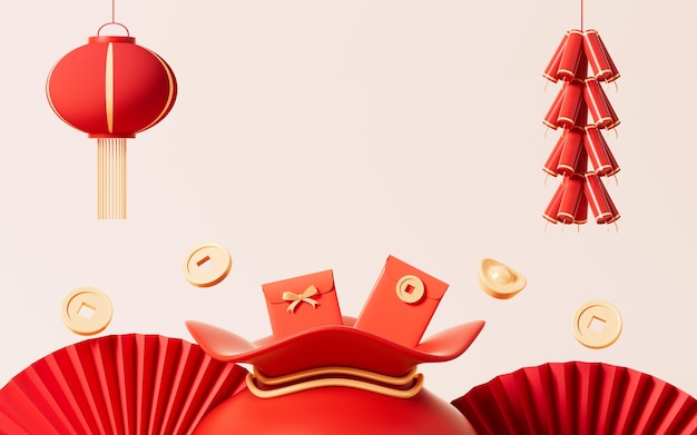 Bolsa roja de la suerte con el carácter chino quotFuquot Festival de Primavera escena temática representación 3d