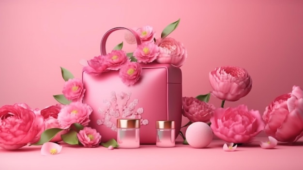 Bolsa rosa con flores rosas y una bolsa rosa con una bolsa rosa con asa rosa y una bolsa rosa con una flor rosa.