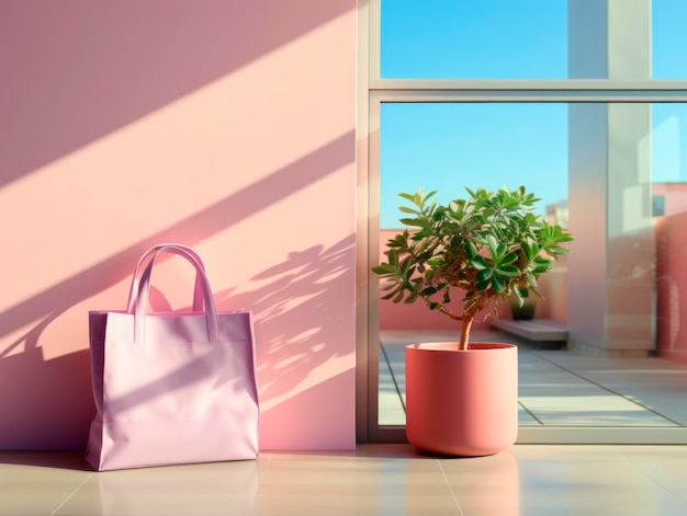 Bolsa rosa y planta en maceta en el suelo cerca de la ventana IA generativa