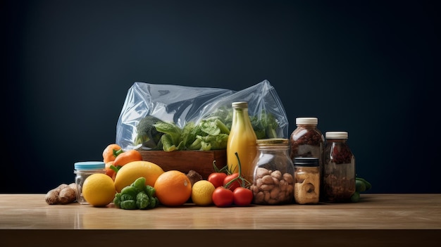 Una bolsa de salmón y verduras en el mostrador