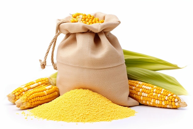 Bolsa con semillas de maíz harina de maíz y maíz aislado en bolsa de maíz aislada de maíz blanco