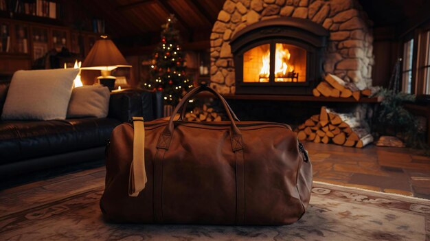 una bolsa en un sofá frente a una chimenea