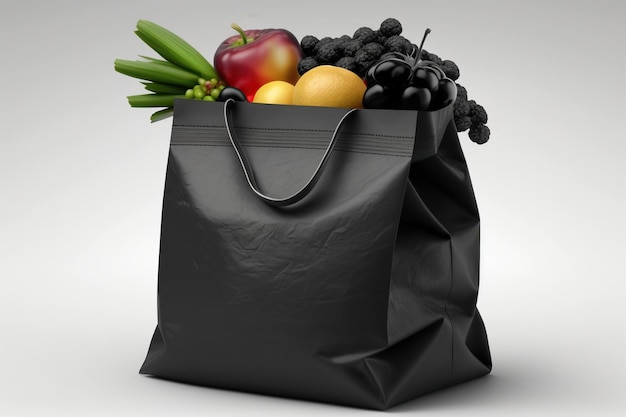 Una bolsa de supermercado negra llena de una colorida variedad de frutas y verduras frescas
