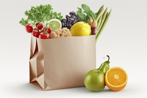 Una bolsa de supermercado de papel llena de una colorida variedad de frutas y verduras frescas