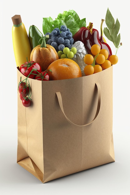 Una bolsa de supermercado de papel llena de una colorida variedad de frutas y verduras frescas