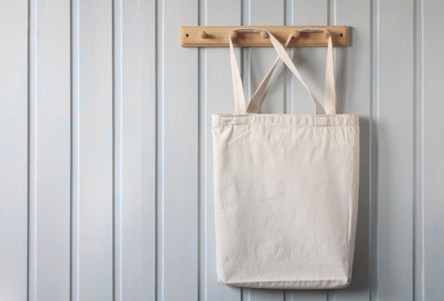 una bolsa de tela blanca está colgada en una percha de madera en una maqueta de pared blanca un lugar para copiar