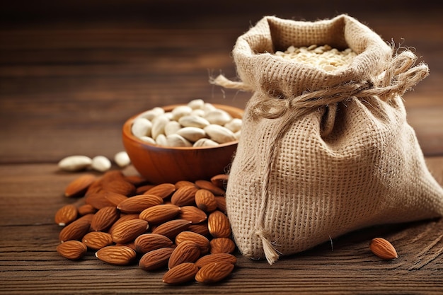 Foto bolsa de tela de semillas de almendra aislada sobre un fondo de madera viejagenerative ai