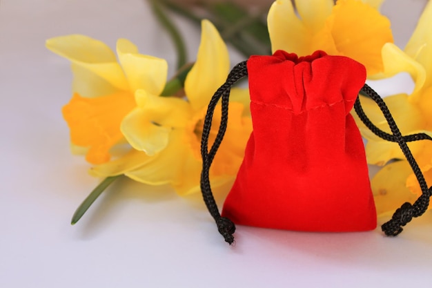 Bolsa de terciopelo rojo con flores amarillas sobre un fondo blanco aislado