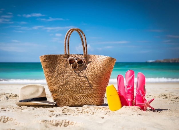 Bolsa con toalla de playa y accesorios de verano sobre arena.