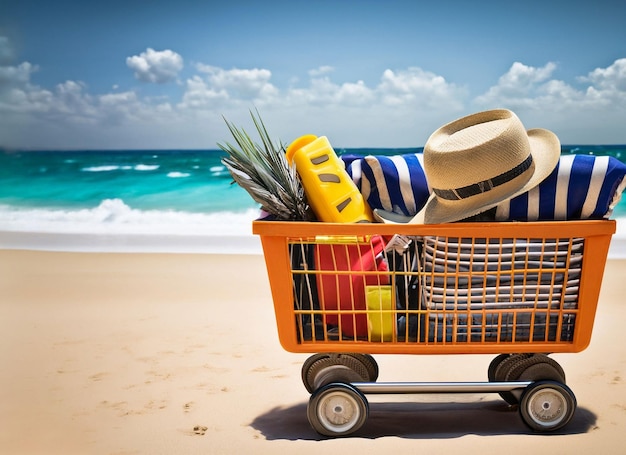 Bolsa con toalla de playa y accesorios de verano sobre arena.