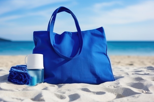 Bolsa de toallas azul y accesorios en la playa de arena