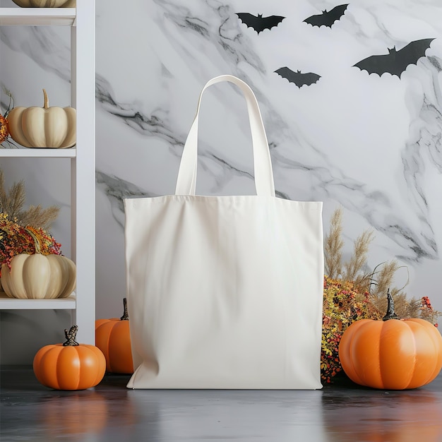 Bolsa de Tote en la escena de Halloween Mockup en blanco con elemento espeluznante