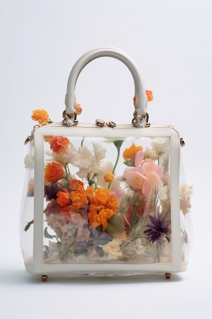 Una bolsa transparente con flores dentro.