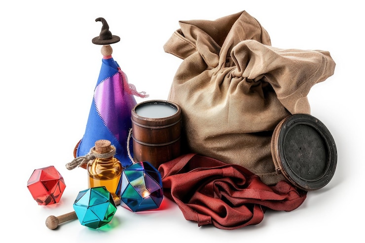 Foto una bolsa de varias gemas de colores se sienta junto a una botella de aceite