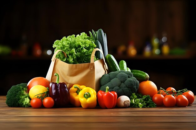 Una bolsa de verduras sentada en la parte superior de una mesa de madera IA generativa