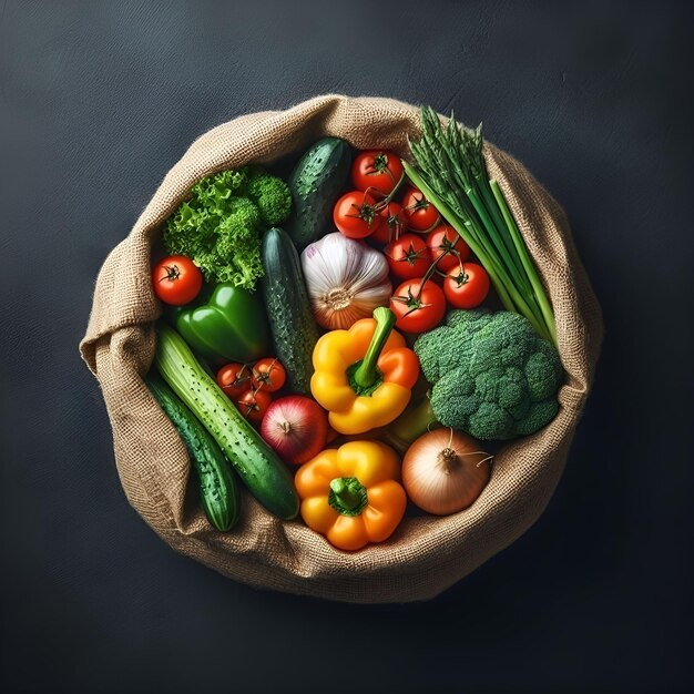 Foto una bolsa de verduras variadas en una superficie oscura con un fondo negro