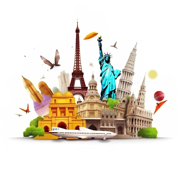 Bolsa de viaje de un día de turismo mundial con vacaciones y ilustraciones turísticas de puntos de referencia mundiales
