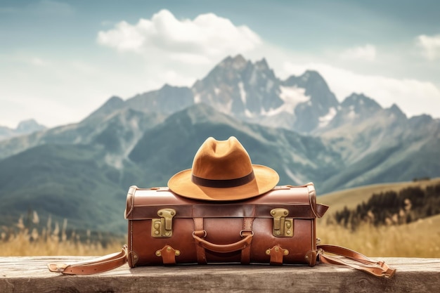 Una bolsa de viaje marrón con un sombrero se sienta en una mesa frente a una montaña.