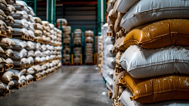 Foto las bolsas apiladas en un almacén de almacenamiento reflejan las operaciones logísticas el estilo industrial se centra en el concepto de cadena de suministro la abundancia de mercancías listas para la distribución