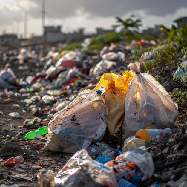 Foto bolsas de basura arrojadas a un vertedero medio ambiente contaminado