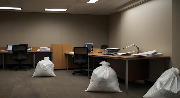 bolsas de basura están en un escritorio en una oficina