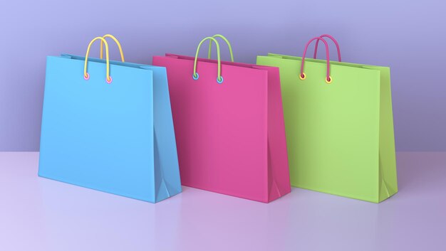 Bolsas de compras aisladas sobre un fondo púrpura suave Banner de venta para regalos de compras en línea