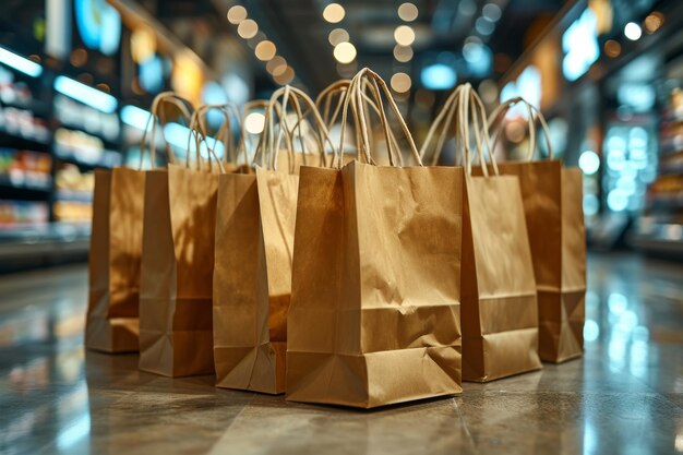 Bolsas de compras de artesanía en un carrito en el fondo de la tienda