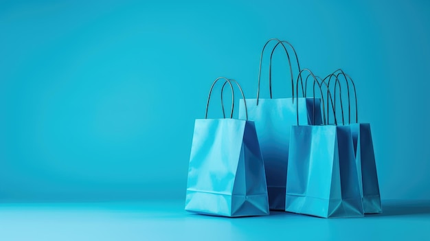 Bolsas de compras azules elegantes contra un telón de fondo azul coordinado que personifica la elegancia contemporánea