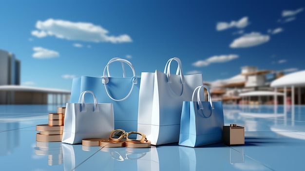 Bolsas de compras blancas y regalos sobre fondo azul renderizado 3d