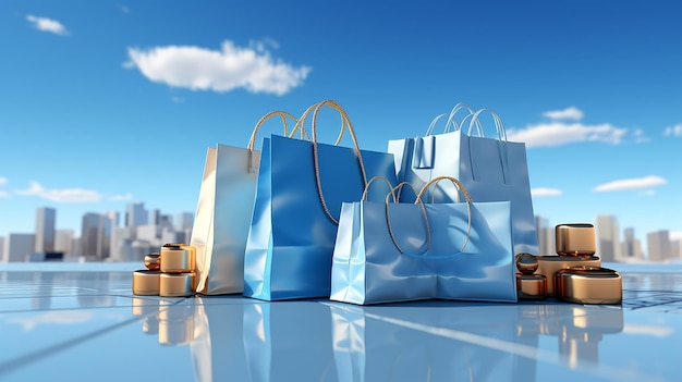 Bolsas de compras blancas y regalos sobre fondo azul renderizado 3d