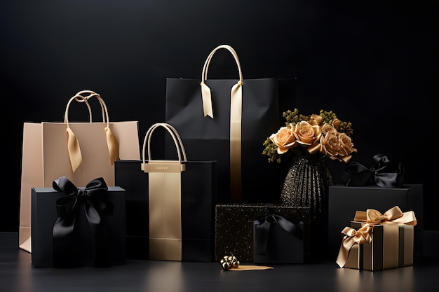 Bolsas de compras, cajas de regalo y accesorios para promociones del Black Friday.