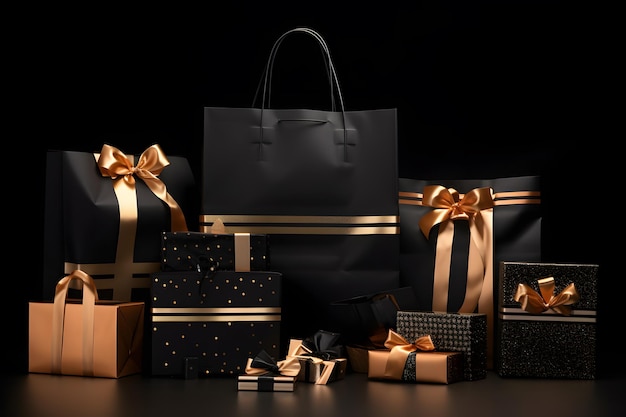 Bolsas de compras, cajas de regalo y accesorios para promociones del Black Friday.