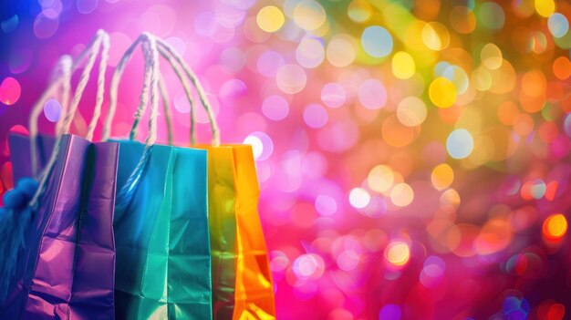 Bolsas de compras coloridas con fondo bokeh para viajes, negocios de moda y concepto de belleza