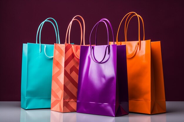 Bolsas de compras coloridas sobre una superficie negra crean una declaración visual audaz