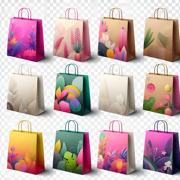 Con bolsas de compras con flores y decoración de hojas