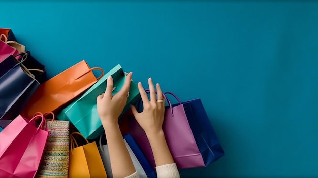 Bolsas de compras en mano femenina sobre fondo azul primer plano