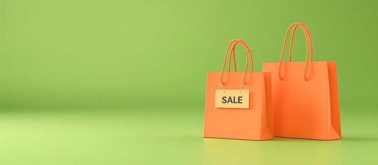 Bolsas de compras naranjas con etiqueta de venta en fondo verde