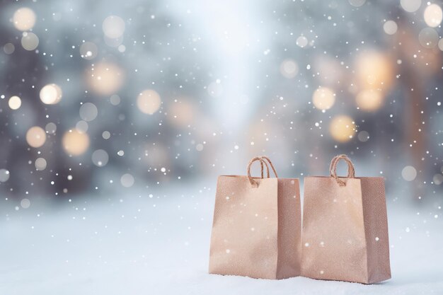 Bolsas de compras en la nieve con fondo bokeh concepto de Navidad y año nuevo