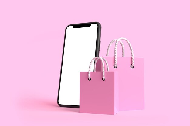 Foto bolsas de compras con pantalla de teléfono inteligente vacía sobre un fondo rosa compras en línea y publicidad 3d