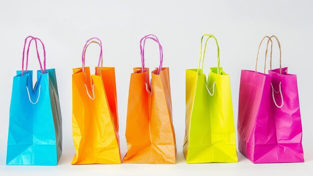 Bolsas de compras de papel de colores brillantes de pie solas sobre un fondo blanco
