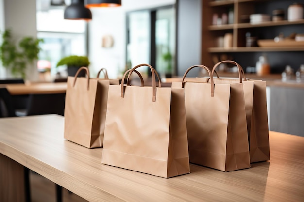 Bolsas de compras de papel en la encimera de madera en la cocina Ilustración generativa de IA