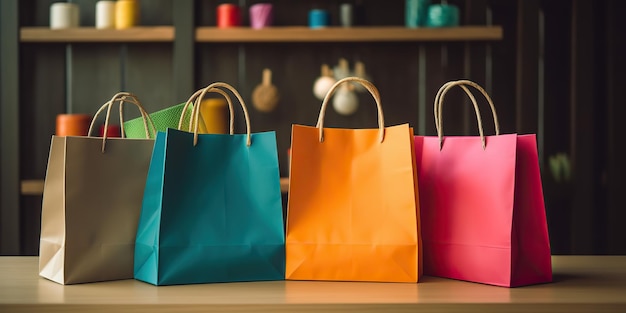 Bolsas de compras de promoción de marketing de venta generativa AI generadas por AI en la mesa Paquete de colores vibrantes