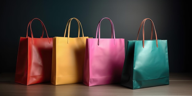 Bolsas de compras de promoción de marketing de venta generativa AI generadas por AI en la mesa Paquete de colores vibrantes