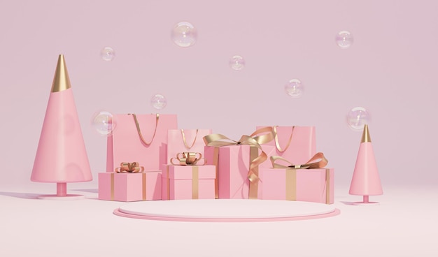 Bolsas de compras y regalos con burbujas de lazo de cinta dorada sobre fondo rosa pastel 3D Render